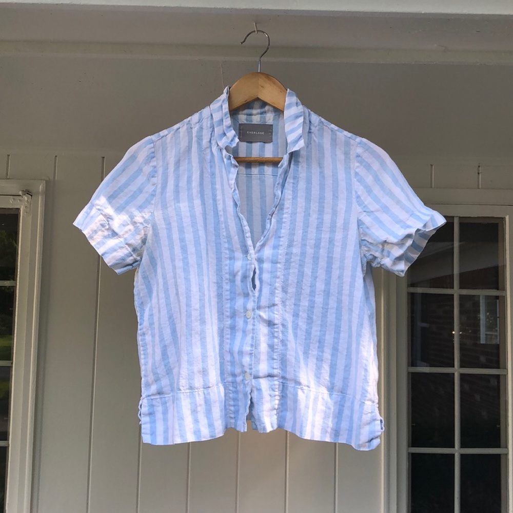 Everlane blue and white striped linen short sleeve